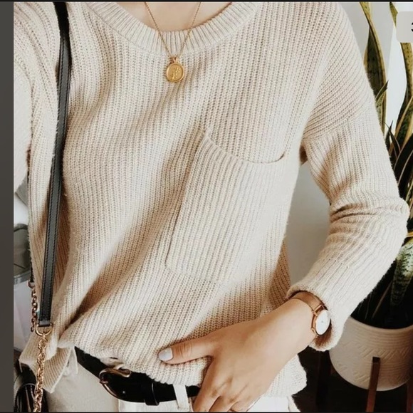 MADEWELL Ribbed Knit Sweater Thompson Pocket Pullover Sweater Fawn Oat Cream C24 - Picture 10 of 11